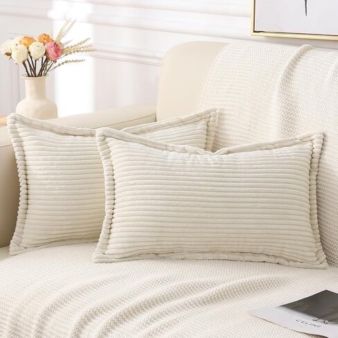 Mecatny Corduroy Pillow Covers 18x18 Inch Set of 2 - Striped Throw Pillow Covers with Wide Border for Living Room, Bed - Soft Square Decorative Pillow Covers for Couch - Cream White in Saudi Arabia