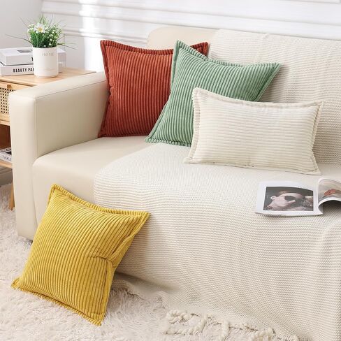 Mecatny Corduroy Pillow Covers 18x18 Inch Set of 2 - Striped Throw Pillow Covers with Wide Border for Living Room, Bed - Soft Square Decorative Pillow Covers for Couch - Cream White in Saudi Arabia