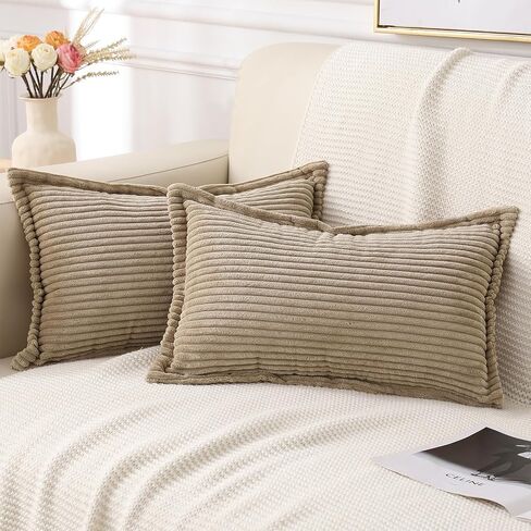 Mecatny Corduroy Pillow Covers 18x18 Inch Set of 2 - Striped Throw Pillow Covers with Wide Border for Living Room, Bed - Soft Square Decorative Pillow Covers for Couch - Cream White in Saudi Arabia