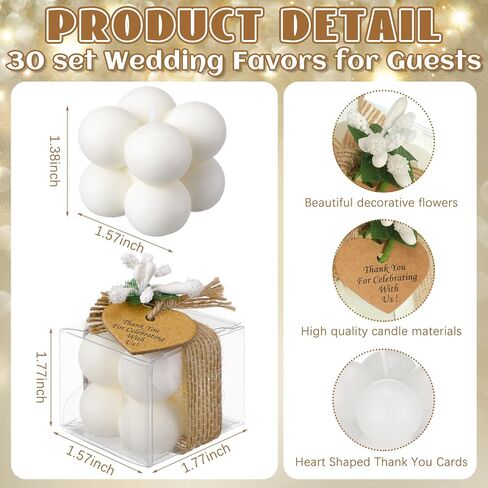 MTLEE 30 Sets Small Wedding Favors Candles for Guests 1.4 x 1.6 Inches Bulk Bubble Candles Gifts Bridal Shower Favors Candles with Thank You Cards Ribbons Dried Flowers Gifts (Ivory,Gold Foil) in Saudi Arabia