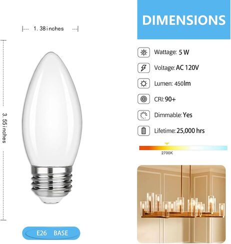 Dimmable LED Candelabra Light Bulbs, Daylight White 5000K CRI 90 C35(B11) LED Chandelier Bulb, 5W Equivalent to 40W 400LM LED Filament Bulbs Milk White Glass, E26 Base LED Candle Bulbs 6 Pack in Saudi Arabia