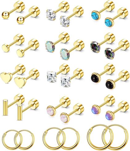 PLOMFOV Small Earrings Studs Stainless Steel Stud Earrings Set for Women Men CZ Heart Opal Moonstone Flat Back Earrings Studs 20G Cartilage Hoop Earrings Hypoallergenic for Sensitive Ears in Kuwait