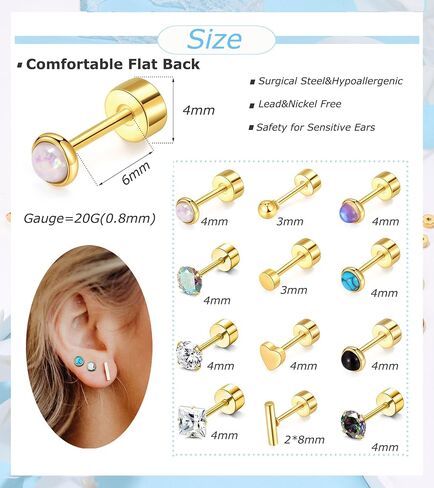 PLOMFOV Small Earrings Studs Stainless Steel Stud Earrings Set for Women Men CZ Heart Opal Moonstone Flat Back Earrings Studs 20G Cartilage Hoop Earrings Hypoallergenic for Sensitive Ears in Kuwait