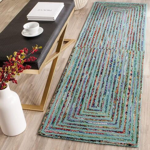 سجادة عداء من مجموعة SAFAVIEH Nantucket - 2'3" x 8'، أزرق مخضر، مصنوعة يدويًا من القطن والصوف التجريدي بوهو، مثالية للمناطق ذات حركة المرور العالية في غرفة المعيشة وغرفة النوم (NAN603A) in Saudi Arabia