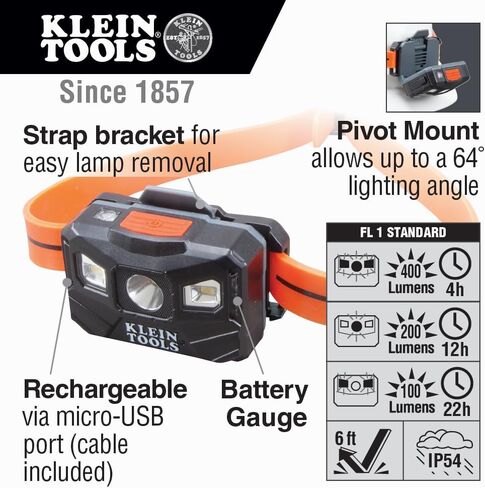 Klein Tools 56064 Rechargeable Auto-Off LED Headlamp, Silicone Strap, 400 lms, All-Day Runtime, for Work, Running, Outdoor Hiking, Camping in Saudi Arabia
