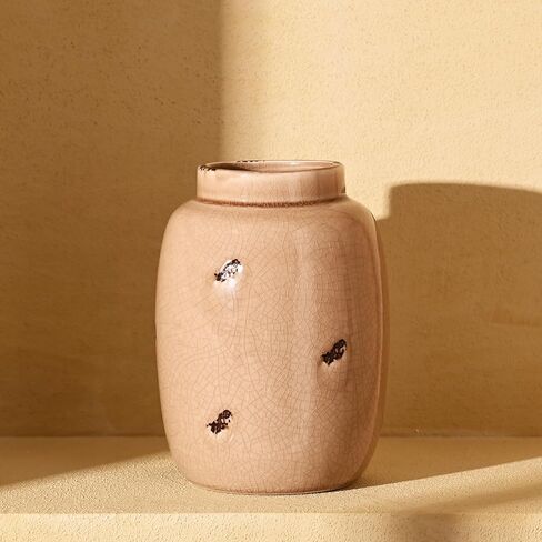 مزهرية سيراميك من فيكتور آند تيريزا للزهور، مزهريات بيج ريفية مزخرفة لعشب بامباس، مزهريات المزرعة الحديثة للطاولة، رف الموقد، غرفة المعيشة، الرف، القطع المركزية، ديكور المنزل، 10 بوصة in Kuwait