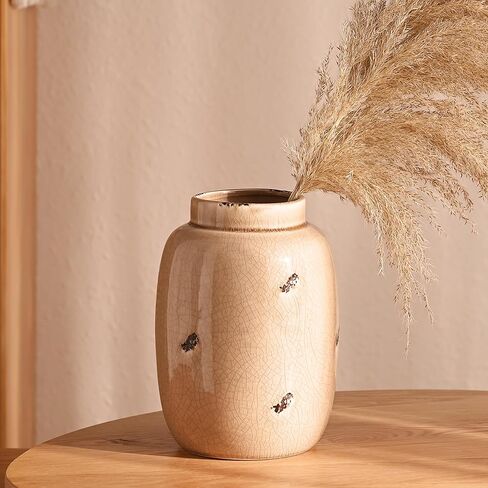 مزهرية سيراميك من فيكتور آند تيريزا للزهور، مزهريات بيج ريفية مزخرفة لعشب بامباس، مزهريات المزرعة الحديثة للطاولة، رف الموقد، غرفة المعيشة، الرف، القطع المركزية، ديكور المنزل، 10 بوصة in Kuwait