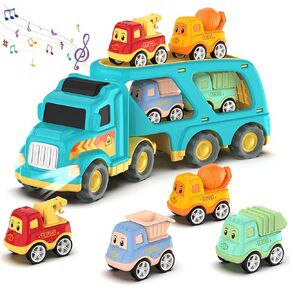 Toddler Car Toys for 3 4 5 Years Old Construction Transport Truck with 4 Pack Small Pull Back Construction Vehicles Friction Power Cars Christmas Birthday Gifts for Kids Boys Girls