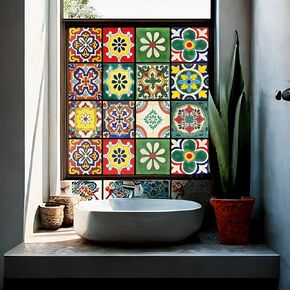 Vintage Moroccan Tile Pattern Wall Paper Style Privacy Window Film Non-Adhesive Frosted Decorative Glass Film Static Cling Film for Bathroom Shower Room,Furniture Glass (Moroccan Tile)