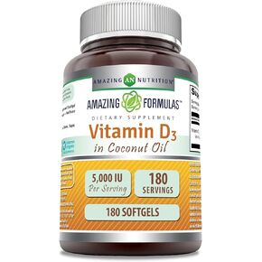 Amazing Formulas  Vitamin D3 with Coconut Oil  5000  IU 360 Softgels Supplement | Non-GMO | Gluten Free | Made in USA