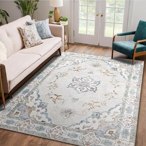 5x7 Area Rugs 5x7 Rug Vintage Rugs 5x7 Machine Washable Rugs Floor Carpet Non-Slip Low Pile Area Rugs for Living Room Bedroom Dining Room Indoor Beige
