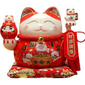 Lucky Cat Statue Figurines Chinese Lucky Cat Piggy Bank Maneki Neko Ceramic Japanese Money Fortune Cat Gift Decorations for Store Company Opening(CQG9#)