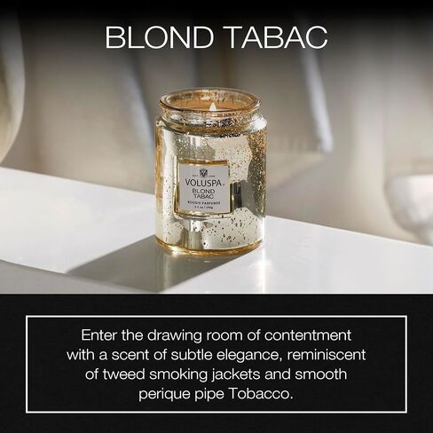 Voluspa Blond Tabac Candle | Small Glass Jar | 5.5 Oz. | 50 Hour Burn Time | Hand-Poured Coconut Wax + All Natural Wicks for a Clean Burn | Vegan | Poured in The USA in Saudi Arabia