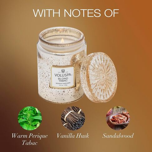 Voluspa Blond Tabac Candle | Small Glass Jar | 5.5 Oz. | 50 Hour Burn Time | Hand-Poured Coconut Wax + All Natural Wicks for a Clean Burn | Vegan | Poured in The USA in Saudi Arabia