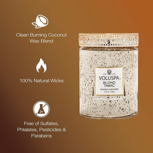 Voluspa Blond Tabac Candle | Small Glass Jar | 5.5 Oz. | 50 Hour Burn Time | Hand-Poured Coconut Wax + All Natural Wicks for a Clean Burn | Vegan | Poured in The USA in Saudi Arabia