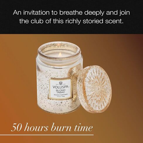 Voluspa Blond Tabac Candle | Small Glass Jar | 5.5 Oz. | 50 Hour Burn Time | Hand-Poured Coconut Wax + All Natural Wicks for a Clean Burn | Vegan | Poured in The USA in Saudi Arabia
