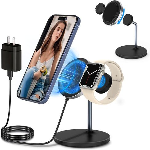 Magnetic Wireless Charger for iPhone, 2 in 1 Fast Charging Station for Apple Devices, Foldable＆Portable Wireless Charger for iPhone 15/14/13/12 Series, for Watch Series,Black(PD 25W Adapter Included) in Kuwait