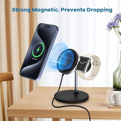 Magnetic Wireless Charger for iPhone, 2 in 1 Fast Charging Station for Apple Devices, Foldable＆Portable Wireless Charger for iPhone 15/14/13/12 Series, for Watch Series,Black(PD 25W Adapter Included) in Kuwait