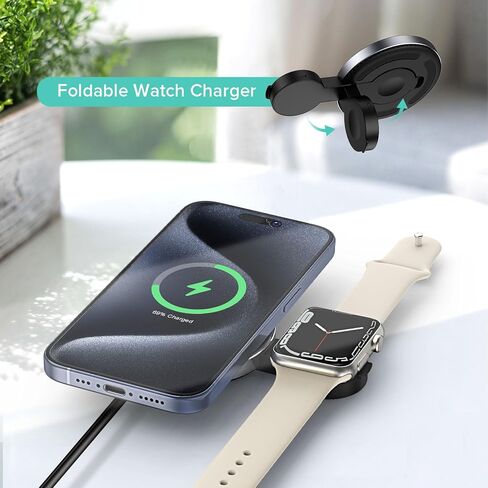 Magnetic Wireless Charger for iPhone, 2 in 1 Fast Charging Station for Apple Devices, Foldable＆Portable Wireless Charger for iPhone 15/14/13/12 Series, for Watch Series,Black(PD 25W Adapter Included) in Kuwait