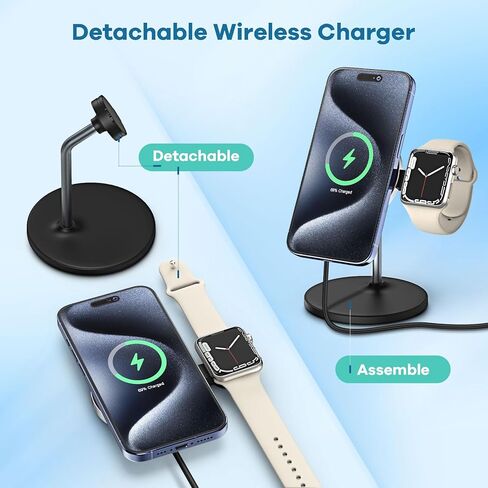Magnetic Wireless Charger for iPhone, 2 in 1 Fast Charging Station for Apple Devices, Foldable＆Portable Wireless Charger for iPhone 15/14/13/12 Series, for Watch Series,Black(PD 25W Adapter Included) in Kuwait