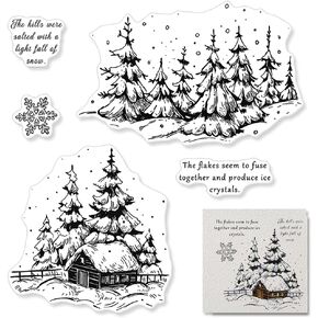 Winter House Forest Landscape Backgrounds Clear Stamps for Card Making Scrapbooking Crafting DIY Decorations, Christmas Words Silicone Seal Stamps for Embossing Album Crafts