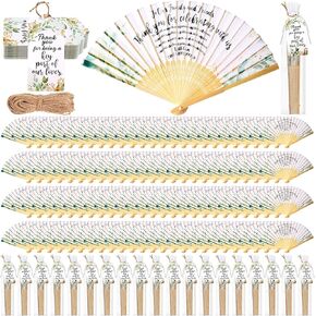 Kathfly 100 Pcs Wooden Fan Hand Held Folding Fan Bulk 8" Vintage Handheld Fan Foldable Hand Fans for Women 100 Pcs Gift Bag and 100 Pcs Cards for Wedding Party Birthday (Classic)