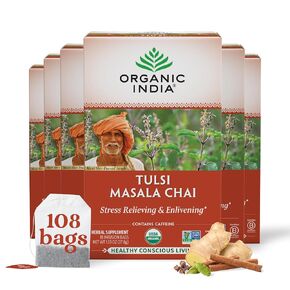 Organic India Tulsi Masala Chai Herbal Tea - Holy Basil, Stress Relieving & Enlivening, Immune Support, Vegan, USDA Certified Organic, Black Tea, Antioxidant, Caffeinated - 18 Infusion Bags, 6 Pack
