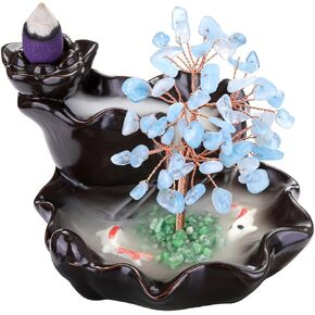CrystalTears Crystal Tree Backflow Waterfall Incense Burner Ceramic Incense Holder Amethyst Healing Crystal Stone Money Tree for Home Yoga Meditation Feng Shui Decor Gifts for Christmas