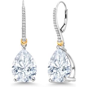 Gem Stone King 925 Sterling Silver and 10K Yellow Gold Green Nano Emerald and White Moissanite Dangle Earrings For Women (16.71 Cttw, Pear Shape 16X12MM)