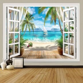 Xiaoput Nature Landscape Tapestry, Cozy Outside of Window Tropical Palm Tree Beach Sea Mew Sunset Scenery Tapestry Wall Hanging, Colorful Bedroom Living Room Dorm Decor 40x30 in