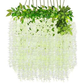 YAHUAA Wisteria Hanging Flowers, 12 Pack 45 inch Artificial Flower Fake Wisteria Vine Ratta Long Hanging Bush Garland Silk Flowers String Decorate Home Party Wedding Wall Vines for Bedroom (White) in Kuwait