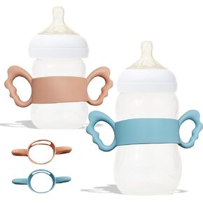Botabee Silicone Wide-Neck Baby Bottle Handle - Durable Food Grade Silicone Transitional Sippy Cup Handle Grip - Handles for Bottles to Help Baby Transition to Self-Feeding - (Set of 2, Blue & Pink)
