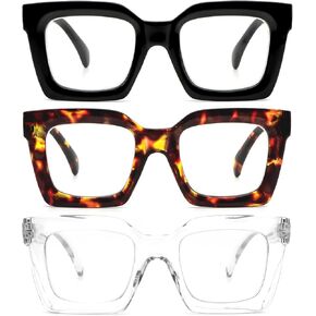 REAVEE 3 Pack Thick Frame Oversized Reading Glasses for Women Blue Light Blocking Computer stylish Readers with Spring Hinge