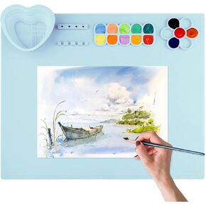 Silicone Painting Mat for Crafts Kids: Silicone Painting Station Pad with Cup and Paint Brush Holder Palette, 20"x16" Paint Tray Palette Craft Mats to Protect Table for Work, Art Supplies (Pink)