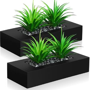 Hotop 2 Pcs Wood Artificial Green Grass Plants Wood Artificial Planter Pot in Decorative Wooden Rectangle Planter Pots Chlorophytum Square Flowerpot Indoor Decorative Box Centerpiece (White,9.5 Inch)