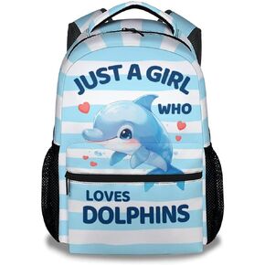 Dolphin Backpack for Girls & Women, 16 Inch Blue Backpacks for School Elementary, Cute Lightweight Bookbag for Kids, Aesthetic Lightweight Daypack for Travel