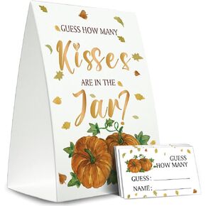 Fall Guess How Many Kisses Are in the Jar (1 Standing Sign + 50 Guessing Cards),Pumpkin Halloween,Bridal Shower Sign,Baby Shower Sign - QJ01