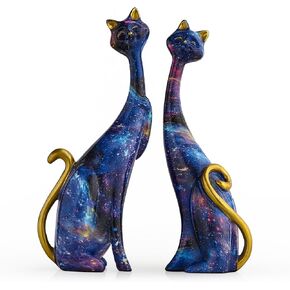 Octdays 2 Pcs Colorful Cat Statue Oil Painting Cat Couple Sculptures Set Modern Resin Figurines for Home Decor Living Room Bathroom Bookshelf Accents, Office Desk TV Stand Decorations