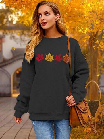 ALLTB Fall Sweatshirts for Women Embroidered Tops: Maple Leaf Graphic Crewneck Sweatshirt Casual Long Sleeve Pullover in Saudi Arabia