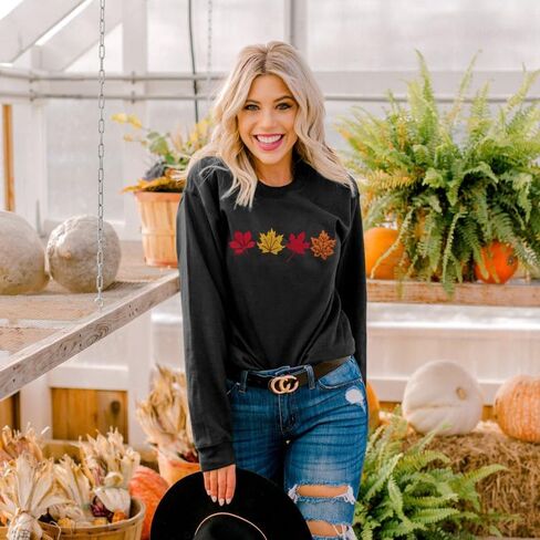 ALLTB Fall Sweatshirts for Women Embroidered Tops: Maple Leaf Graphic Crewneck Sweatshirt Casual Long Sleeve Pullover in Saudi Arabia