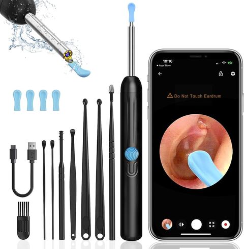 Ear Wax Removal, Earwax Remover Tool with 8 Pcs Ear Set, Ear Cleaner with Camera, Earwax Removal Kit with Light, Ear Cleaner for iOS & Android, Black (Black, Standard) in Saudi Arabia