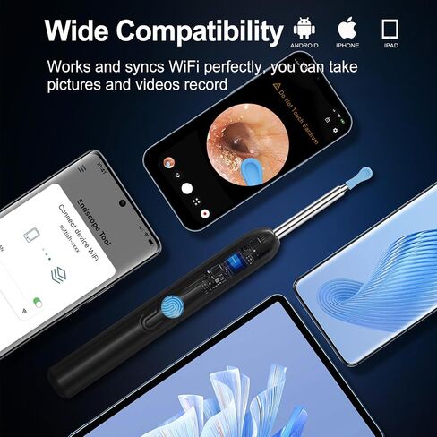 Ear Wax Removal, Earwax Remover Tool with 8 Pcs Ear Set, Ear Cleaner with Camera, Earwax Removal Kit with Light, Ear Cleaner for iOS & Android, Black (Black, Standard) in Saudi Arabia
