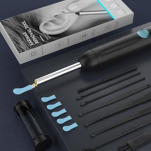 Ear Wax Removal, Earwax Remover Tool with 8 Pcs Ear Set, Ear Cleaner with Camera, Earwax Removal Kit with Light, Ear Cleaner for iOS & Android, Black (Black, Standard) in Saudi Arabia