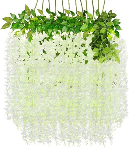 YAHUAA Wisteria Hanging Flowers, 12 Pack 45 inch Artificial Flower Fake Wisteria Vine Ratta Long Hanging Bush Garland Silk Flowers String Decorate Home Party Wedding Wall Vines for Bedroom (White) in Kuwait
