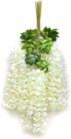 YAHUAA Wisteria Hanging Flowers, 12 Pack 45 inch Artificial Flower Fake Wisteria Vine Ratta Long Hanging Bush Garland Silk Flowers String Decorate Home Party Wedding Wall Vines for Bedroom (White) in Kuwait