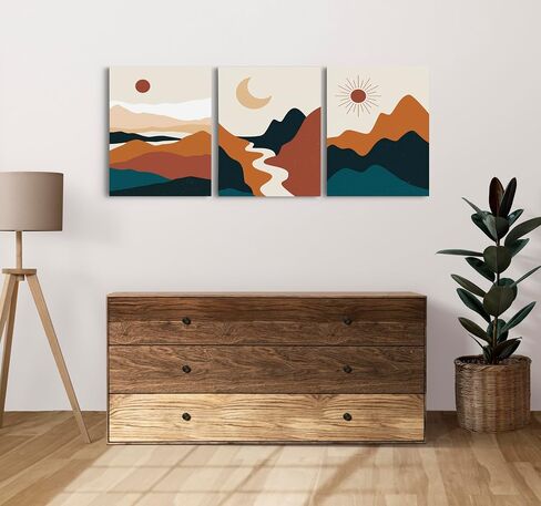 Modern Geometric Canvas Framed Mid Century Wall Art Trio Set of 3 Boho Minimalist Wall Decor Abstract Paintings 3 Piece Neutral Poster Set Colorful Posters, Ready to Hang (12''x16'') in Saudi Arabia
