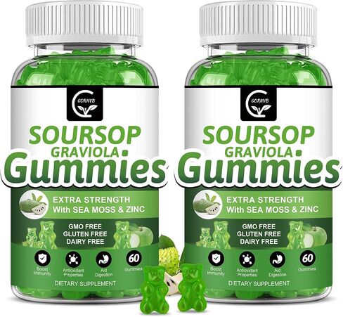 Organic Soursop Graviola Gummies - 2200mg Extra Strength Soursop Leaves Extract w/Sea Moss Extract 200mg, Zinc & Vitamin C - Supports Immunity, Liver, Zzz & Antioxidant, Gluten Free, Vegan, 60 Gummies in Saudi Arabia