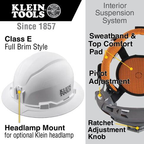 Klein Tools 60406RL Hard Hat, Rechargeable Headlamp, Non-vented, Full Brim Style, Padded Self-Wicking Odor-Resistant Sweatband, Tested up to 20kV, White in Saudi Arabia