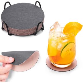 Drink Coasters with Holder, Faux Leather Coasters Sets of 12, Dual Sided Coasters for Coffee Tabletop Protection Non-Slip Washable Cup Coasters Suitable for Home Office Decor (Gray Black)