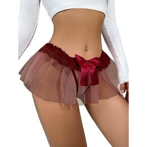 OYOANGLE Women's Lingerie Cute Bow Tie Ruffle Mesh Lace Trim Thong Panty Low Rise Underwear